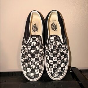 Vans Black and White Graphic Checkered Slip-Ons